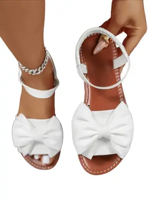 Women's Cute Bowknot Design Lightweight White Flat Sandals, Unique Trending Strap Sandals, Casual Comfortable Bow Decorated S...
