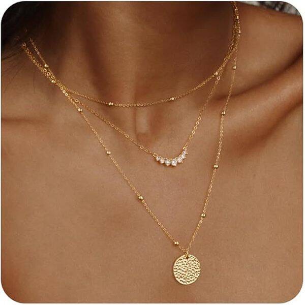 3Pcs Brass Disc Pendant 3 Layer Necklaces for Women