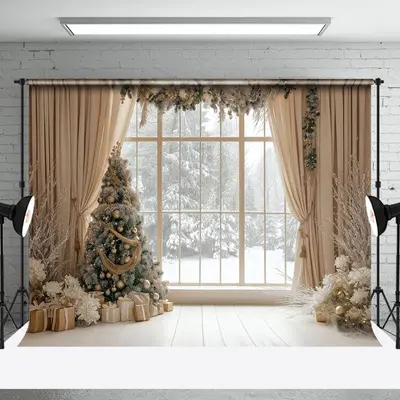 Beige Curtain Xmas Tree Window Scene Photo Backdrop - Aperturee