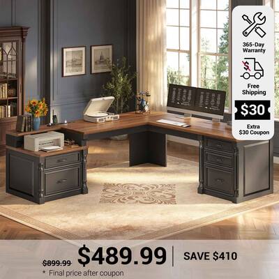 SEDETA | 72.8 Inch Executive Desk with 5 Storage Drawers Charging Station L Shaped Home Office Computer Desk with Printer She...