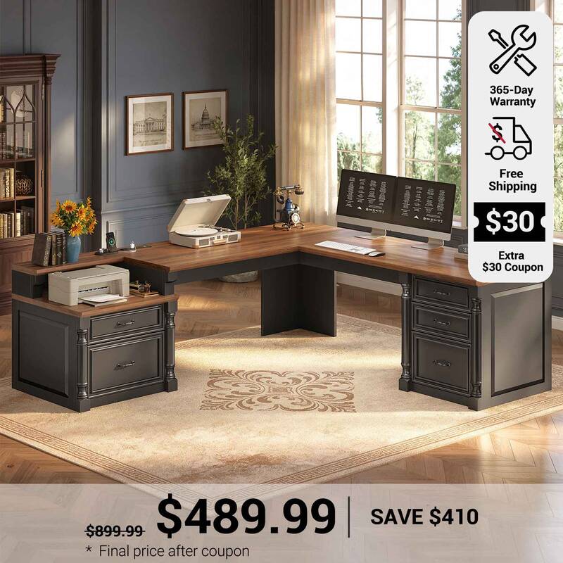 SEDETA | 72.8 Inch Executive Desk with 5 Storage Drawers Charging Station L Shaped Home Office Computer Desk with Printer She...