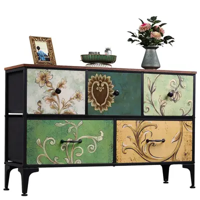WLIVE Floral Space-Saving Dresser for Bedroom with 5 Drawers, Wide Chest of Drawers, Fabric Storage Organizer with Fabric Bin...