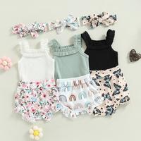 3Piece Baby Girls Shorts Set, Sleeveless Romper + Flower/Rainbow/Butterfly Print Shorts + Hairband