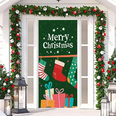 Colourful Sock Green Merry Christmas Door Cover - Aperturee