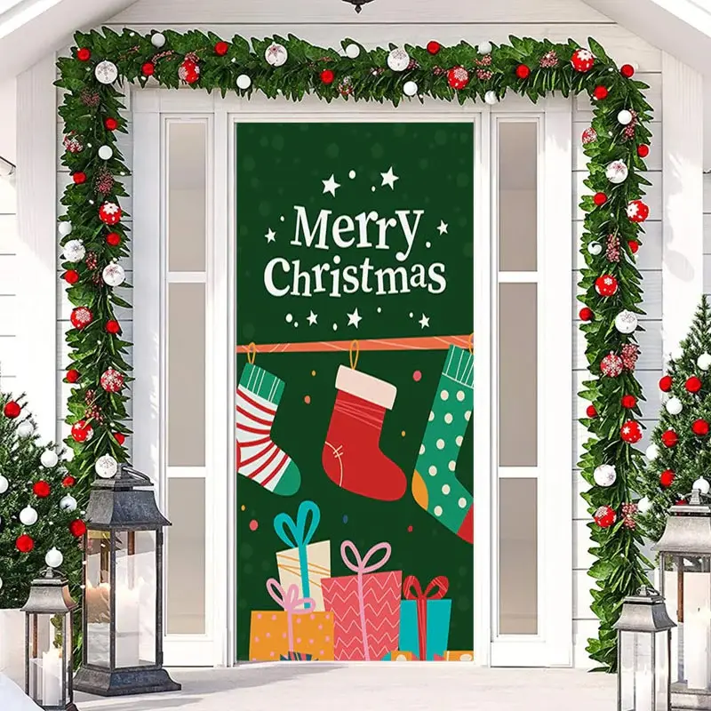 Colourful Sock Green Merry Christmas Door Cover - Aperturee