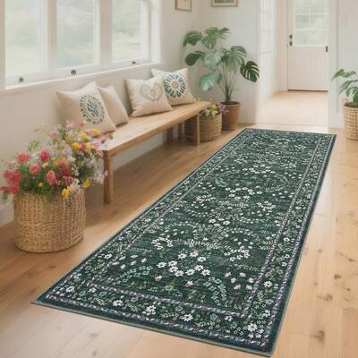 Garvee Washable Runner Rug 2x6 Green Modern Farmhouse Floral Non Slip Low Pile Polyester Foldable Indoor Kitchen Laundry