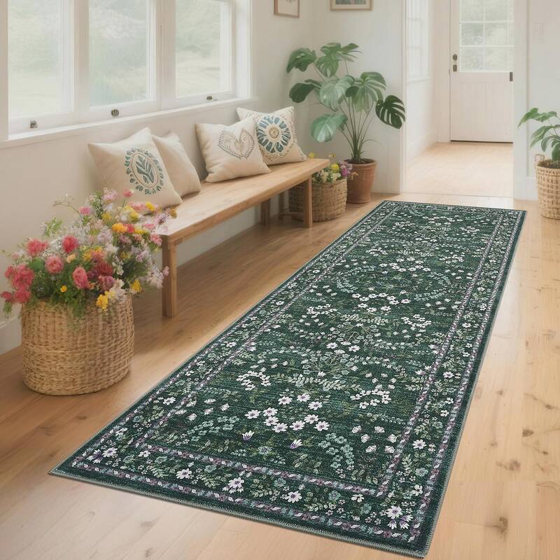 Garvee Washable Runner Rug 2x6 Green Modern Farmhouse Floral Non Slip Low Pile Polyester Foldable Indoor Kitchen Laundry