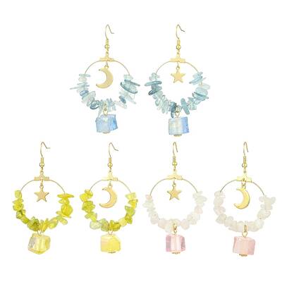 3 Pairs 3 Styles Natural Mixed Stone & Brass Dangle Earrings