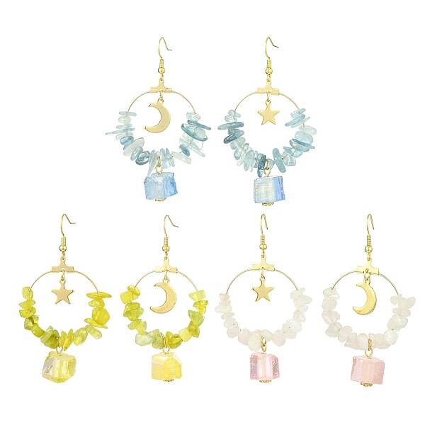 3 Pairs 3 Styles Natural Mixed Stone & Brass Dangle Earrings