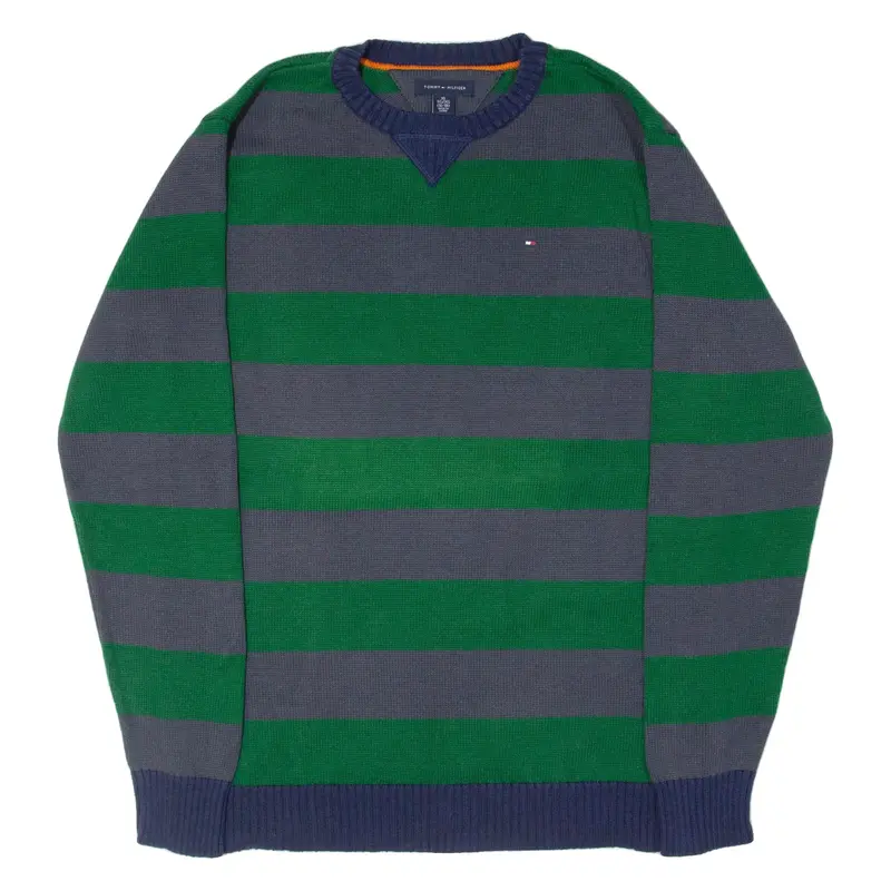 TOMMY HILFIGER SIze 16-18 Boys Patterned Jumper Green Striped Tight Knit XL