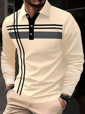 Men's Striped Print Button Front Polo Shirt, Regular Fit Casual Long Sleeve Collared Top for Spring & Fall, Fashion Men's Clo...