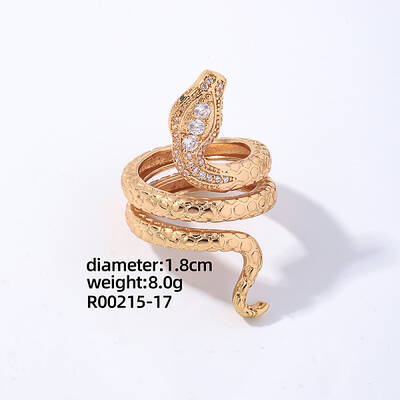 Snake Golden Brass Cuff Ring with Cubic Zirconia