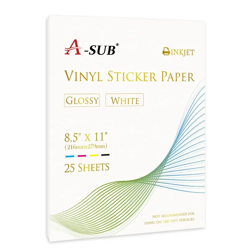 A-SUB Waterproof Glossy Vinyl Sticker Paper for Inkjet Printer 25 Sheet
