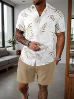 Men's Leaf Print Drawstring Waist Shorts Set, Casual Collared Button Short Sleeve Top & Shorts Set,  Sets for Men Clothing, M...