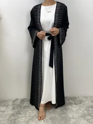 Women's Rhinestone Decor Open Front Abaya with Waist Belt, Modest Long Sleeve Kimono Sleeve Outerwear for All Seasons, Summer...