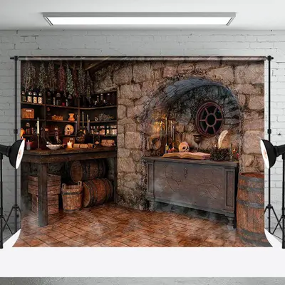 Retro Brick House Skull Mysterious Halloween Backdrop