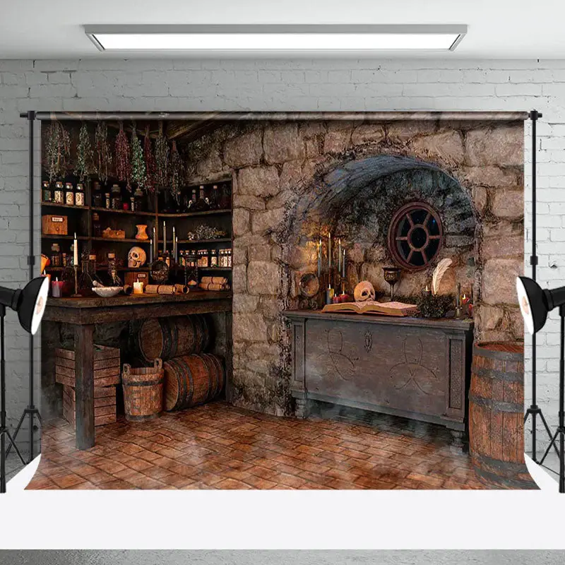 Retro Brick House Skull Mysterious Halloween Backdrop