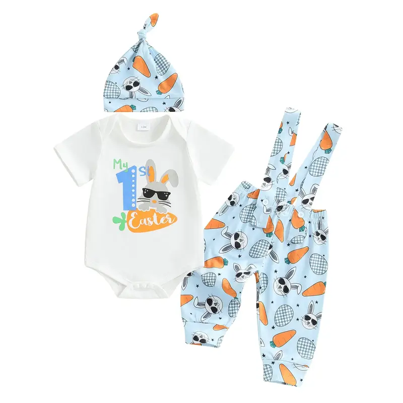 Baby Boys Easter Outfits Letter Print Short Sleeve Rompers Suspender Pants Hat 3Pcs Clothes Set