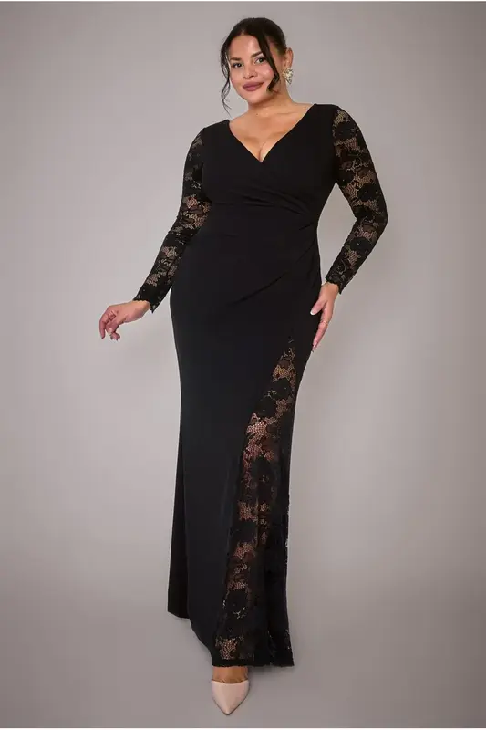 Goddiva Plus Scuba & Lace Wrap Maxi Dress - Black