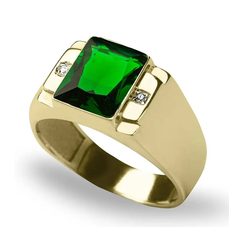 10K Gold Princess Cut Emerald & 2 Diamond Accents Three-Stone Band Gifts for Him Men’s Fine Jewelry