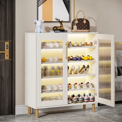 Tribesigns Shoe Cabinet with Door and LED Light, Shoe Rack with Adjustable Shelves