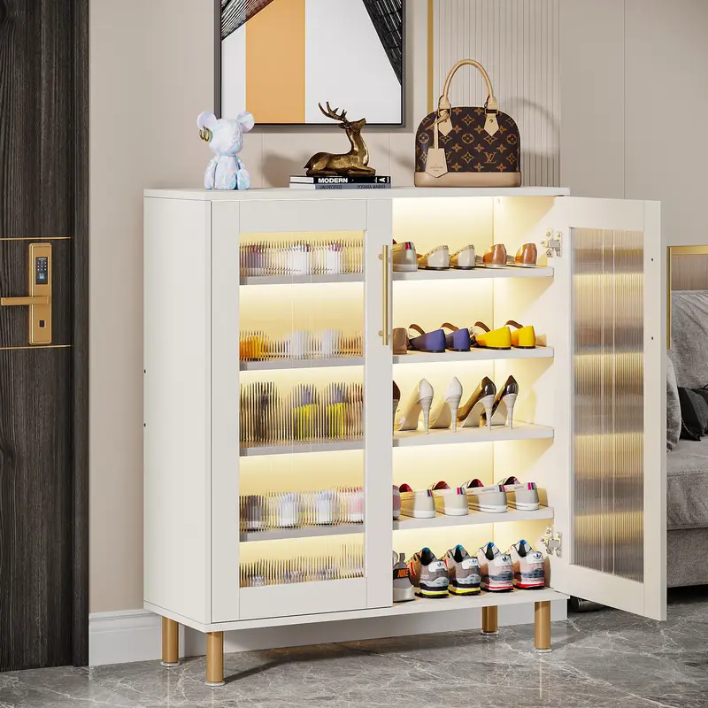 Tribesigns Shoe Cabinet with Door and  LED Light, Shoe Rack with Adjustable Shelves