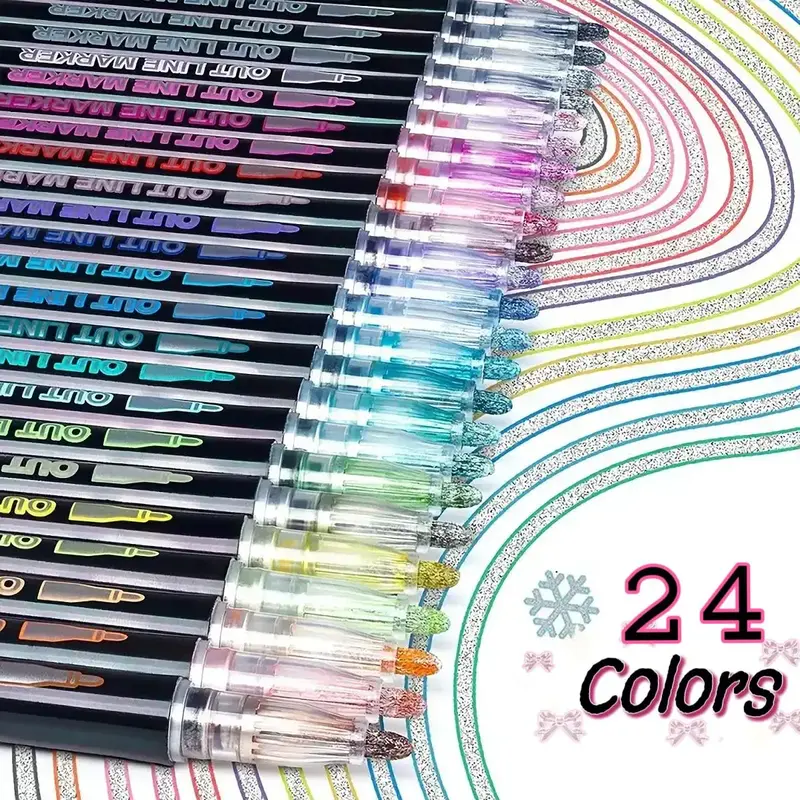 24pcs Shiny Double Line Outline Pen Set, Brighten Up Your Child's School Supplies