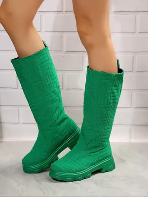 Women's Solid Color Stretchy Boots, 2024 New Style Fashionable Round Toe Boot Shoes for Fall & Winter, Female All-match Trend...