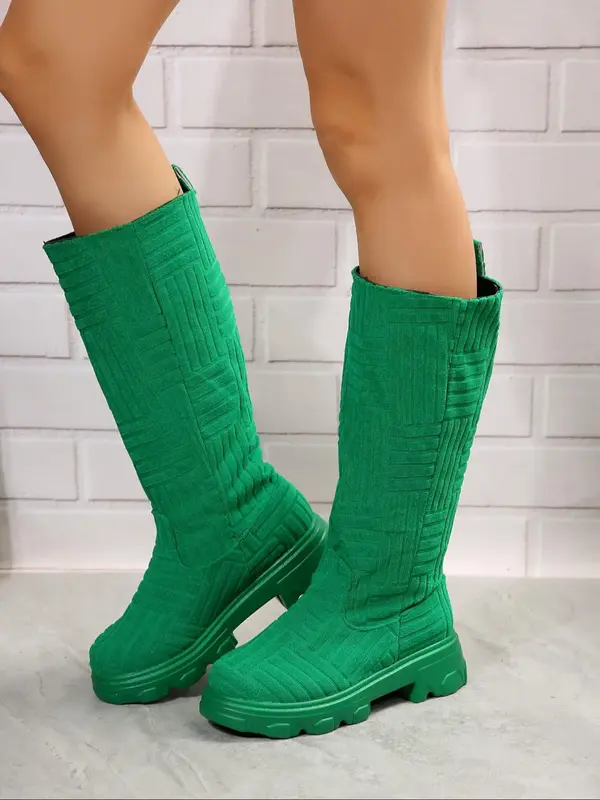 Women's Solid Color Stretchy Boots, 2024 New Style Fashionable Round Toe Boot Shoes for Fall & Winter, Female All-match Trend...