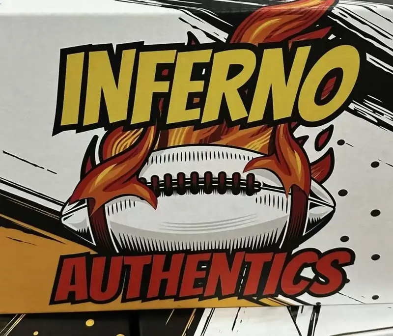 Inferno Box 2 Football Cards + Full Size Rep Football HLMT Memorabilia with Certificate of Authenticity, No NFL Packaging