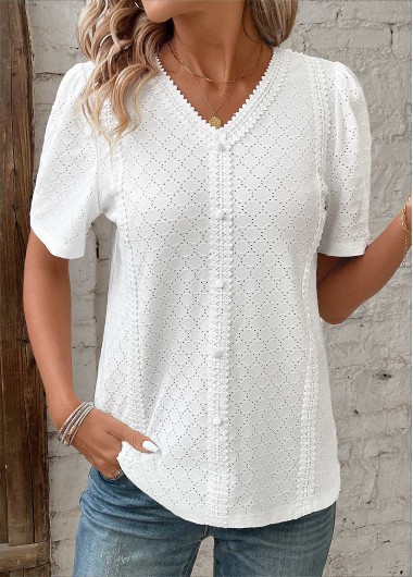 Modlily White Patchwork Short Sleeve V Neck Blouse - M