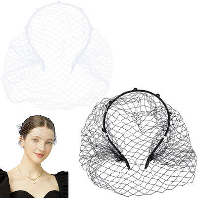 2Pcs 2 Colors Bridal Rhinestones Pearl Mesh Veil Cloth Hair Bands