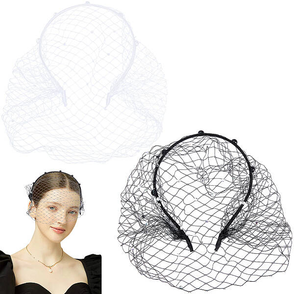 2Pcs 2 Colors Bridal Rhinestones Pearl Mesh Veil Cloth Hair Bands