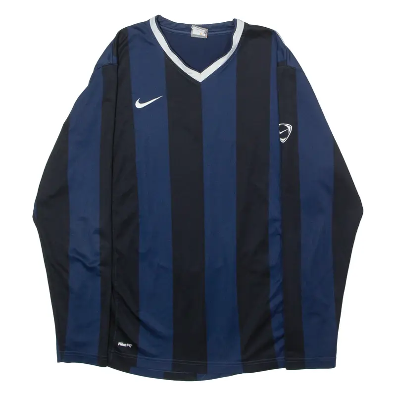 NIKE Striped Template Mens Football Shirt Jersey Blue Long Sleeve V-Neck L