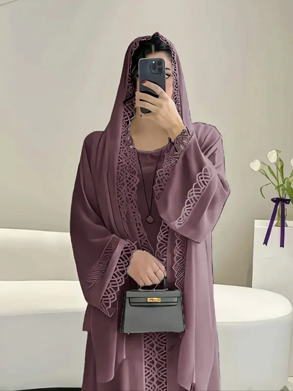 Women's Elegant Abaya Dress Set with Headscarf, Floral Lace Decoration, Loose Sleeves, Long Flowing Design, Perfect for Ramad...