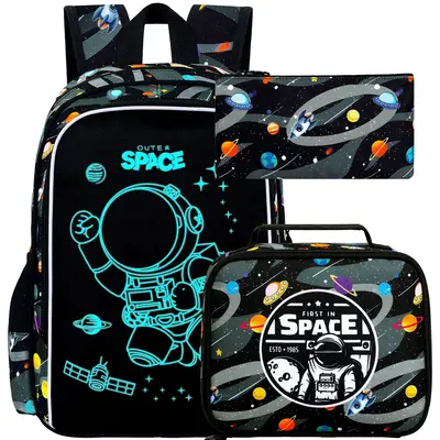 17 Inch Glow in The Dark Backpack, 3Pcs Space Bookbag for Boys With Lunch Box, School Laptop Backpacks Set For Teens(Blue)