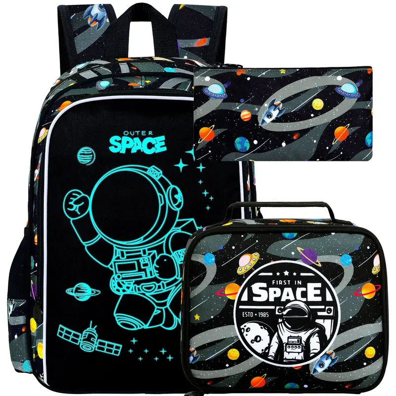 17 Inch Glow in The Dark Backpack, 3Pcs Space Bookbag for Boys With Lunch Box, School Laptop Backpacks Set For Teens(Blue)