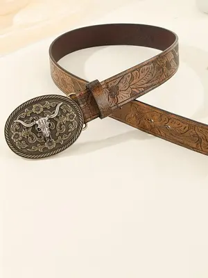 Vintage Flowers Embossed Western Belt with Cow Decor Buckle, Fashion All-match Cowboy Waistband for Jeans, Trendy Accessories...