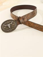 Vintage Flowers Embossed Western Belt with Cow Decor Buckle, Trendy Exquisite Belt, Pu Leather Vintage Solid Buckle Cowboy Wa...