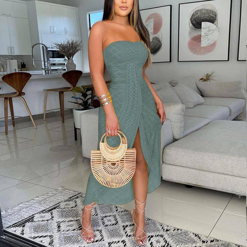 ChicMe Women Strapless Ruched High Waist Wrap Split Asymmetrical Beach Maxi Wedding Guest Long Dress Summer Casual Dress