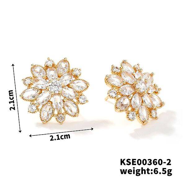 Fashionable Cute Shiny Brass Rhinestone Stud Earrings French Romantic Sunflower Earrings