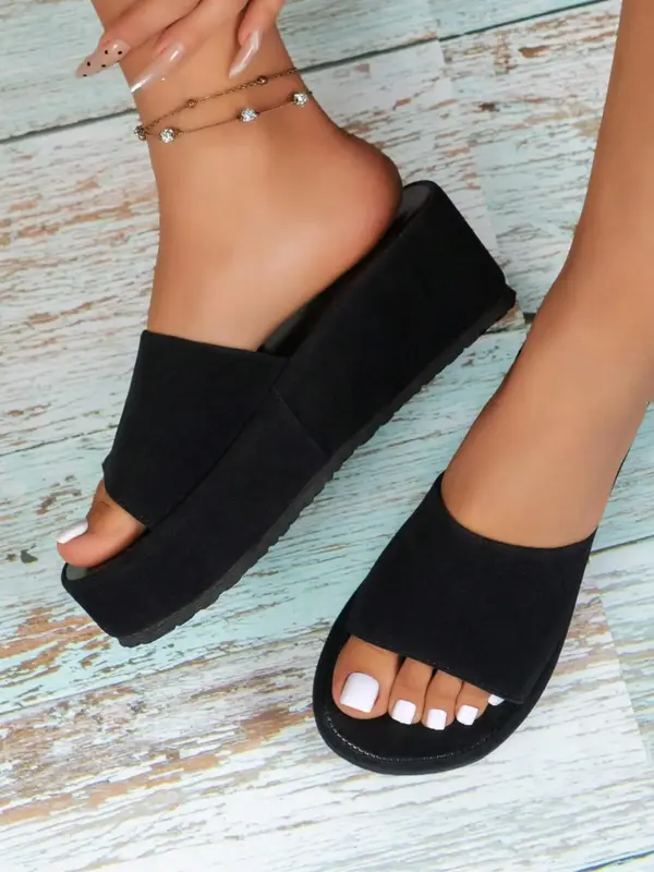 Women's Solid Color Wedges Sandals, Fashionable Slip on Wedges Sandals for Summer, Lightweight Breathable Walking Shoes for D...