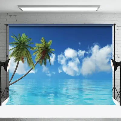 Green Palm Tree Blue Sky Beach Backdrop For Photo - Aperturee