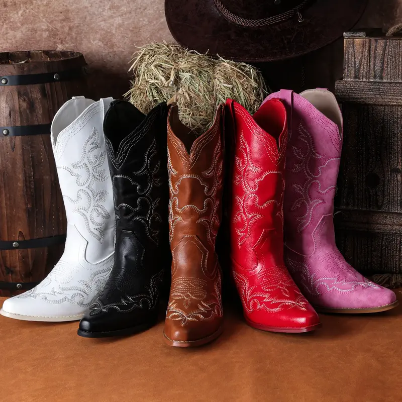 IUV Cowboy Boots For Women Western Boots Cowgirl Classic Fashion Embroidered Pointy Toe Boots