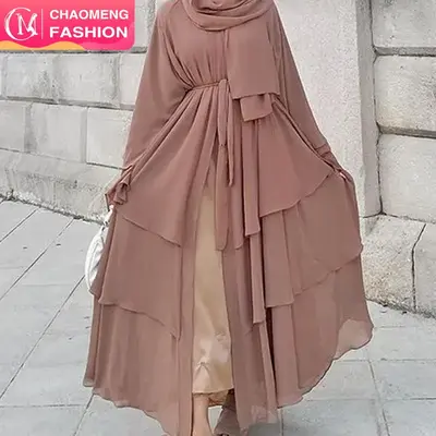 1896# 3 Layer Chiffon Solid Open Abaya (abaya+hijab)Set