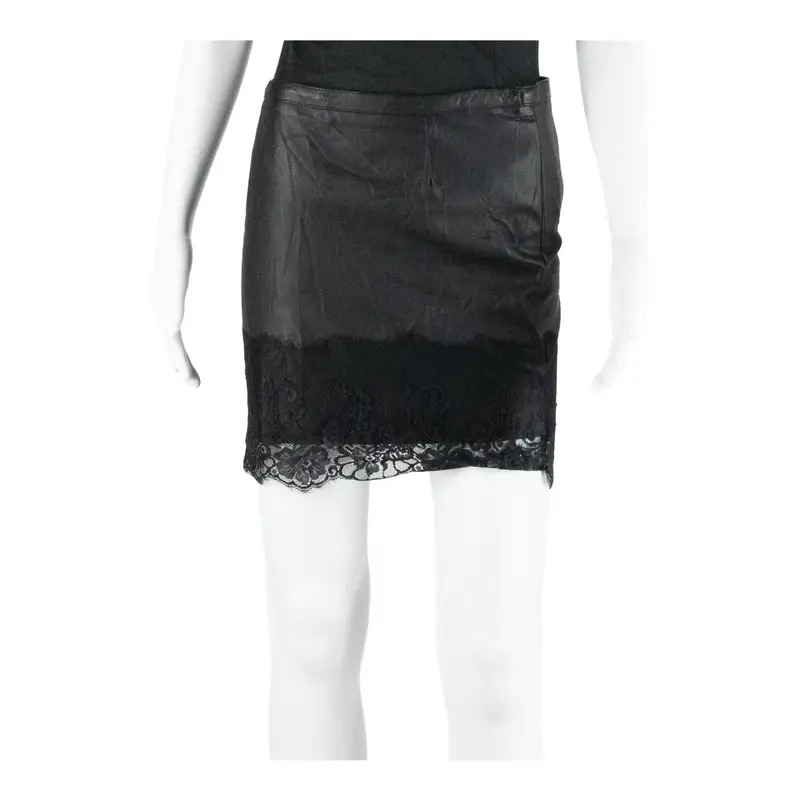 AMISU Faux Leather Lace Hem Short Straight Skirt Black Womens UK 8