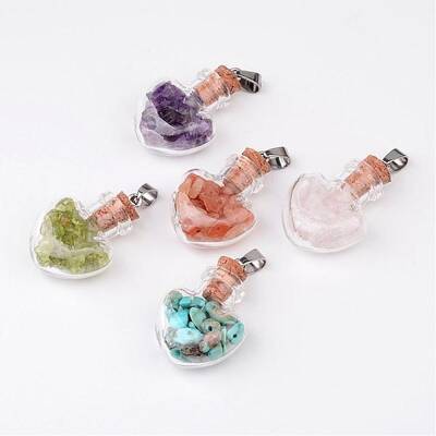 Heart Glass Bottle with Natural & Synthetic Mixed Stone Inside Pendants
