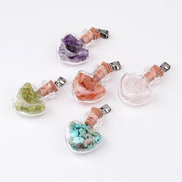Heart Glass Bottle with Natural & Synthetic Mixed Stone Inside Pendants