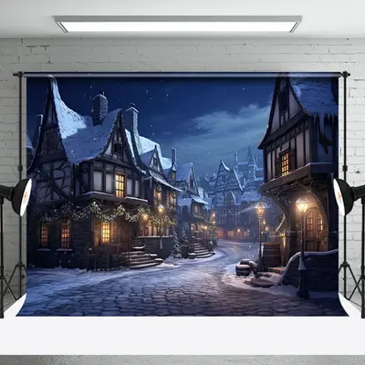 Aperturee Snowy Town Street Night Scenery Christmas Backdrop | Diy Christmas Backdrop | Christmas Scenic Backgrounds | Winter...