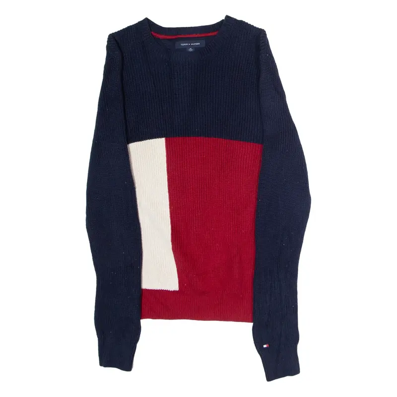 TOMMY HILFIGER Mens Patterned Jumper Blue Colourblock Crew Neck Tight Knit XS